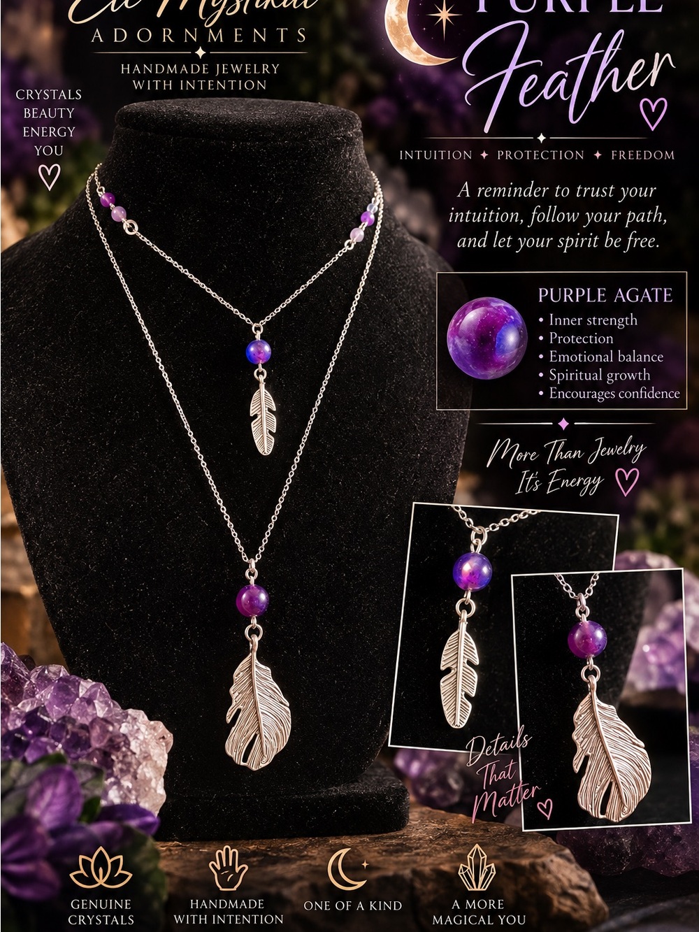 Purple Agate layered feather necklaces